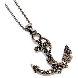  Pinup Navy Girl Anchor Crystal Studded Necklace   Gunmetal 