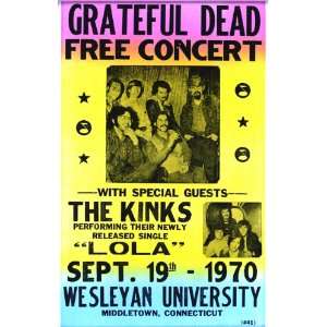Grateful Dead Free Concert with The Kinks 1970 14 X 22 Vintage Style 