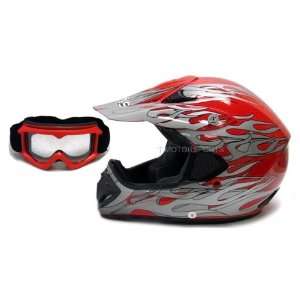 TMS Red Flame Dirt Bike ATV Motocross Helmet MX Off Road with Goggles 