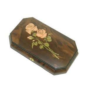  Four Stemmed Roses Inlaid Music Jewelry Box W/Lock & Key 