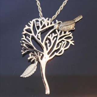 Bird on Tree Leaf Sparrow Silver Pendant Necklace  