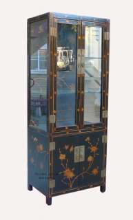 Elegant Black Gold Painted Flower&Bird Leather Storage Display Cabinet 