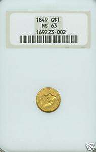 1849 Closed Wreath $1 Dollar Gold Coin . NGC MS63 MS 63  