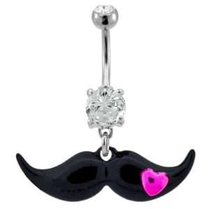 Mustache Belly Ring with a Pink Heart   14G, 3/8 Bar Length   Prong 