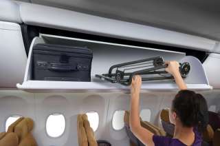 The travel cart folds compactly and fits in the overhead bins of most 