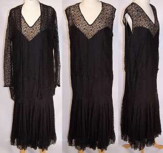   Vintage Flapper Black Lace Silk Drop Waist Dress & Long Coat Jacket