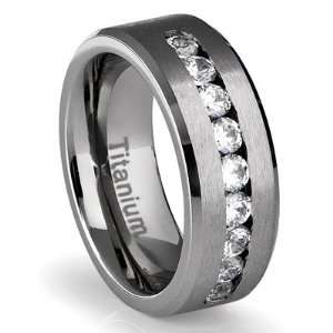  8MM Mens Titanium Ring Wedding Band with Channel Set CZ 