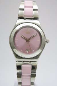 New Swatch Irony Pink Ceramic Women Steel Date Watch YLS418GC  35mm 