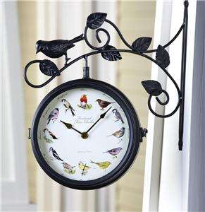 OUTDOOR GARDEN HANGING DOUBLE SIDED CLOCK & THERMOMETER W/ LOVELY BIRD 