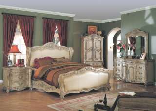 Nicia King White Leather Bed 6 Piece Bedroom Set Marble Tops w Armoire 