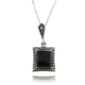    Sterling Silver Marcasite Black Onyx Square Pendant Jewelry