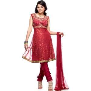  Burgundy Anarkali Velvet Suit with Embroidered Beads and 