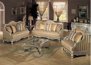 2Pc Traditional Formal European Silver Gold Fabric Sofa Loveseat 