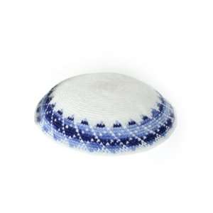    13 cm white knitted kippah with blue accents 