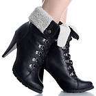 Black Lace Up Ankle Boots Work Winter Fold Over Fur Wom