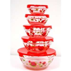  5pc. Glass Bowl with red lids and red roses Case Pack 12 