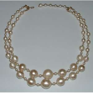 Vintage Double Strand Necklace With White Beads Gold Spacers & Faux 