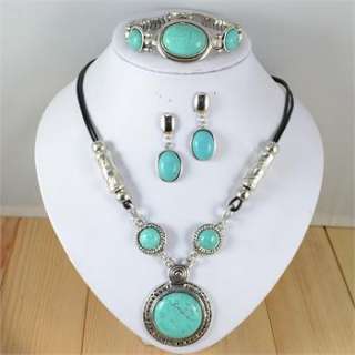 Vintage Silver Plated Turquoise Stone Necklace Bracelet Earring 