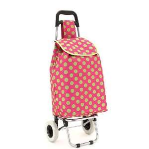 Folding Shopping Market Cart Bag on Wheels PINK w/ Lime Green Polka 