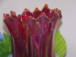 Large FENTON Carnival Glass Vase Ruby Red Footed 9.25  MINT Condition 