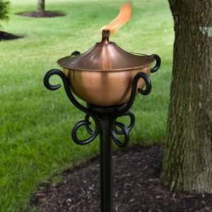 Artisan Copper Garden Torch with Scroll Floor Stand   Antique Copper
