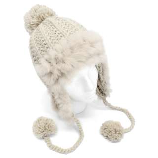 Rabbit Fur Trimmed Knit Trooper Style Pom Pom Hat Brown  
