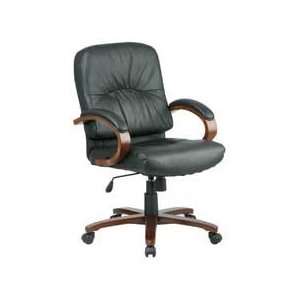 upholstered in top grain black leather and features finished wood arms 