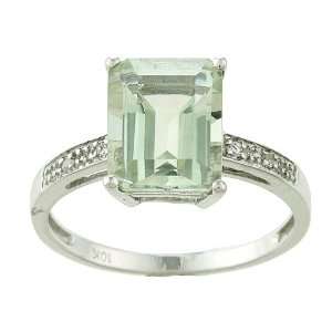  10k White Gold Emerald Cut Green Amethyst and Diamond Ring 