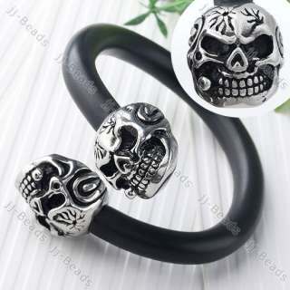 Men Silver Skull Evil Stainless Steel PU Rubber Wire Bracelet 