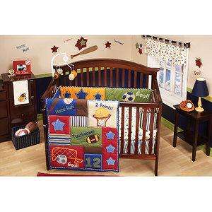 Baby Boys Nursery BLUE RED BROWN SPORTS FAN 4pc Crib Bedding Set 