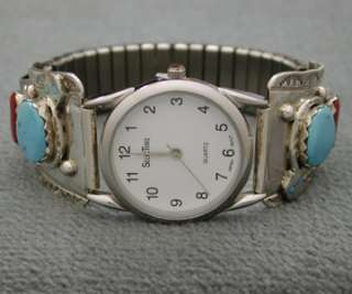 Zuni Effie C Silver Turquoise & Coral Mens Watch NEW   