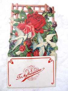   Valentine Day Card 3D Scraps Fold Out Stand Up White Doves Germany Vtg
