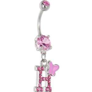  Pink Gem Butterfly Initial Dangle Belly Ring   Letter H Jewelry