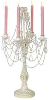 NEW 27H ANTIQUE WHITE 4 ARM CANDELABRA+FAUX CRYSTALS  