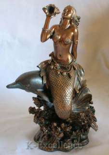 MERMAID WITH DOLPHIN & CONCH 10 Seashell Fantasy Art Statue Figure 