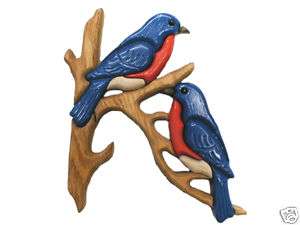 8x8 Carved Wood BLUEBIRDS Wall Hanging Sculpture Figure  