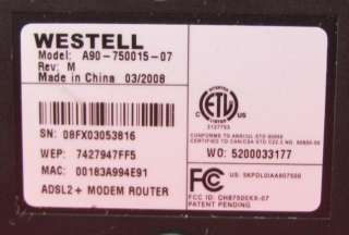 Westell 7500 Verizon A90 750015 07 4 Port Wireless DSL Modem ADSL2 