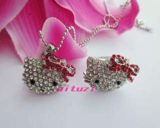 cute hello kitty crystal red bow pendant necklace ring set best gift 