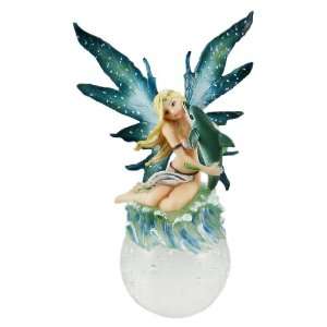  Blue Winged Bubble Water Fairy Statue W/ Dolphin