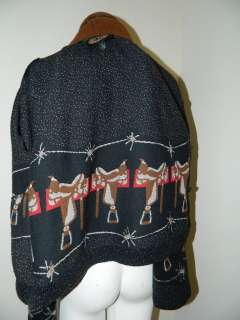 Vintage Black Mix Equestrian Horse Saddle Sweater Cardigan Side 