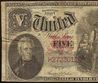 1907 $5 DOLLAR BILL UNITED STATES LEGAL TENDER WOODCHOPPER NOTE BETTER 
