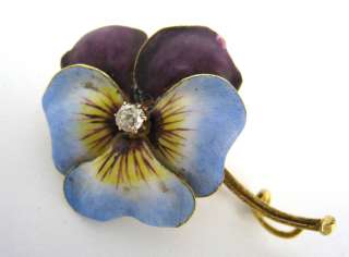 Art Nouveau Diamond Enamel 18K Pansy Flower Brooch  