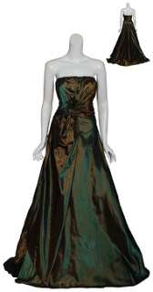 REEM ACRA Forest Green Iridescent Draped Evening Gown Dress 8 $3685 