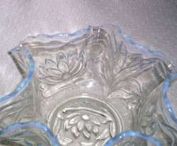 Fenton WATER LILY & CATTAILS Blue Opalescent Rim Bowl  