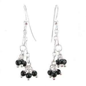 Onyx Gemstone Cluster Bead Dangle Earrings with Sterling Silver Links 