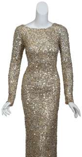 AIDAN MATTOX Glitzy Fully Sequined Gold Long Sleeve Evening Gown Dress 