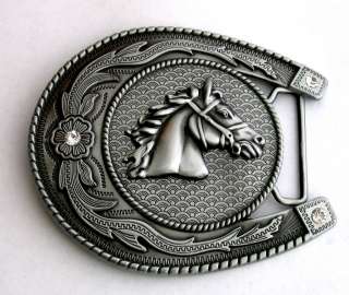 HORSE RANCH RODEO COWBOY VINTAGE HORSESHOE ART RHINESTONES BELT BUCKLE 