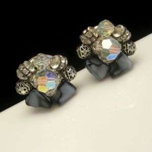 Vintage Clip Statement Earrings AB Crystals Rhinestones Beads Gray 