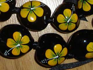 Handpainted Flower Black Kukui Nut Necklace Lei 34  