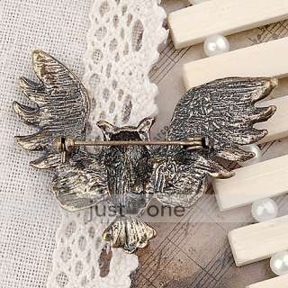 Retro Alloy Owl Spread Fly Wings Rhinestone Pin Brooch  